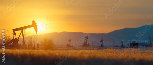 Fototapeta Naklejka Na Ścianę i Meble -  Oil extraction operations at sunset in a rural landscape industrial scene natural environment scenic view