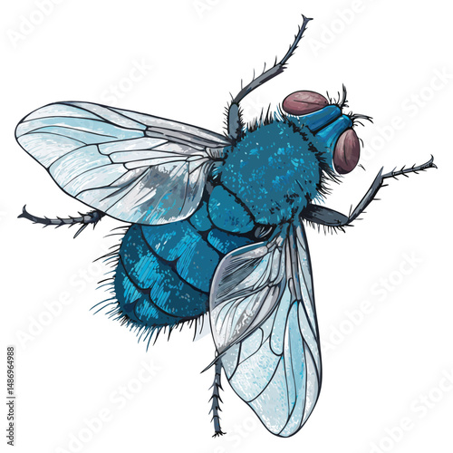 Create a realistic vector illustration of a blue bottle fly, showcasing its iridescent blue exoskeleton and detailed anatomy.  Focus on a high level of detail and realistic shine.