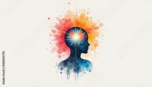 Radiant illumination, woman with light emanating from her head, symbolizing inner peace and wisdom