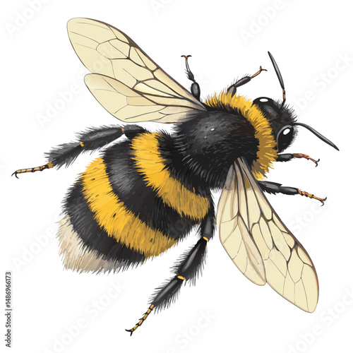Create a realistic vector illustration of a bumblebee, emphasizing its fuzzy black and yellow striped body, detailed wings, and six legs.  Include fine details of the hairs.