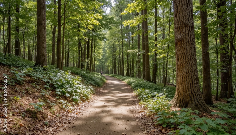 Fototapeta premium Serene forest path, discover a tranquil walkway through towering trees and lush greenery