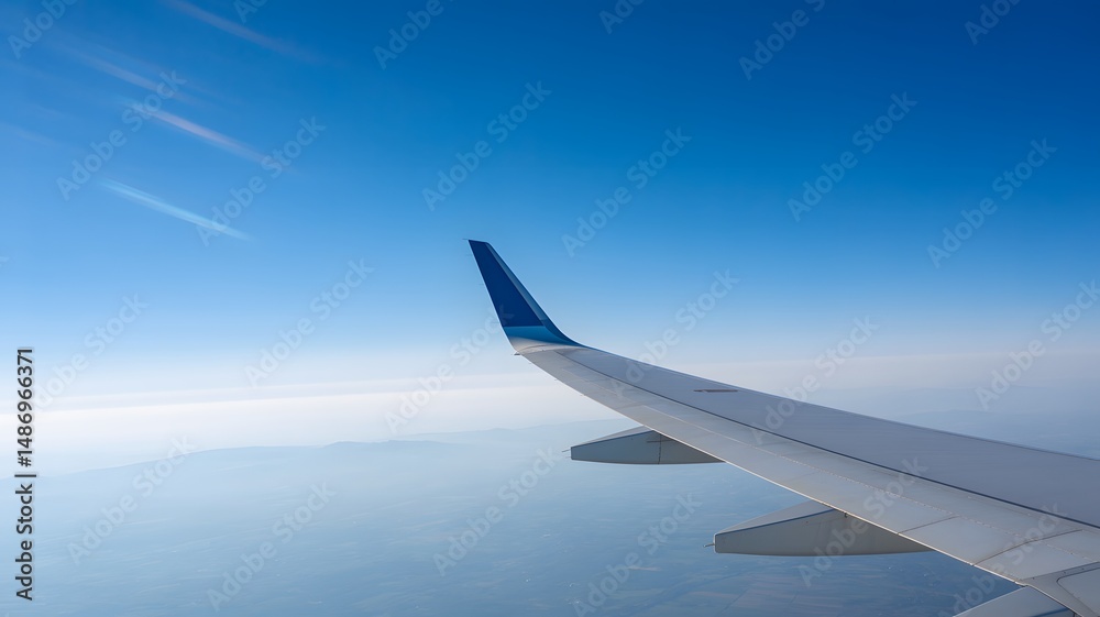 Fototapeta premium Airplane wing flying above clouds with clear blue sky view from window during daytime aerial travel perspective 