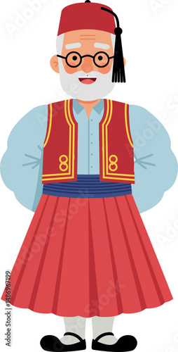 Traditional man wearing red skirt and fez hat in cultural costume vector illustration 