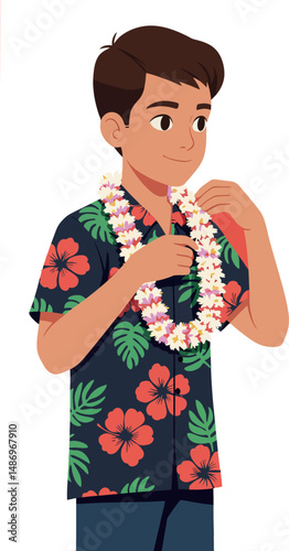 Boy wearing Hawaiian shirt with floral lei necklace celebrating tropical culture vector illustration 