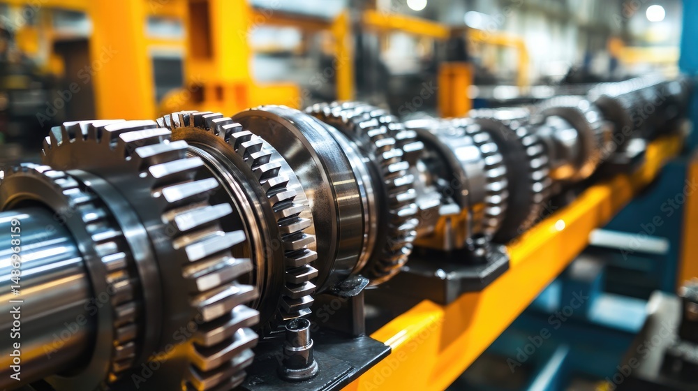 Fototapeta premium Conveyor line transporting gearbox components in a large manufacturing space