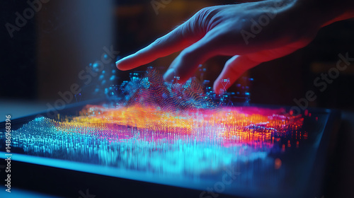 A hand is touching a tablet with a colorful background