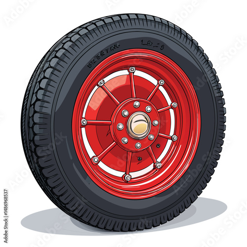 Create a photorealistic vector illustration of a bright red firetruck wheel, showcasing detailed tire treads and hubcap.  Include realistic reflections and shadows.