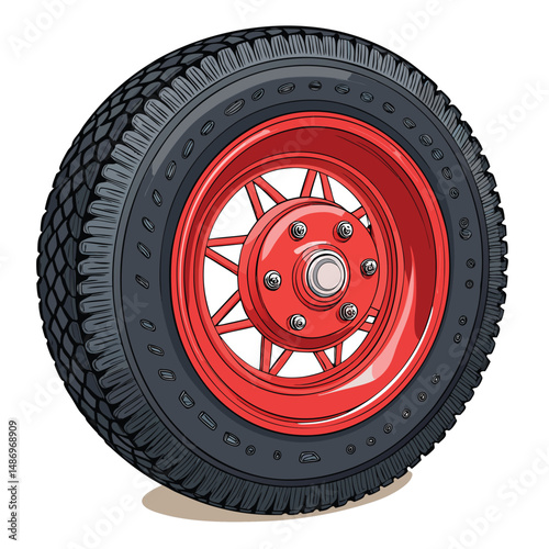 Create a realistic vector illustration of a bright red firetruck wheel, showcasing detailed tire treads and hubcap.  High resolution, sharp lines.