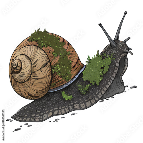Create a highly detailed, realistic vector illustration of a forest snail completely covered in vibrant green moss, showcasing intricate shell texture and environmental details.