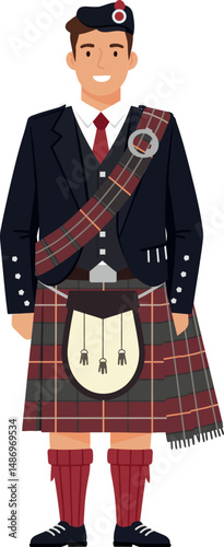 Scottish man wearing traditional kilt outfit with sporran and tam oshanter hat vector illustration 