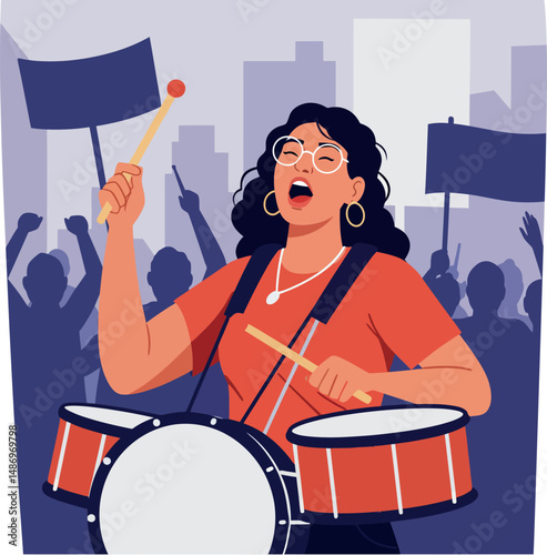 Woman playing drums at protest rally with crowd and signs vector illustration 