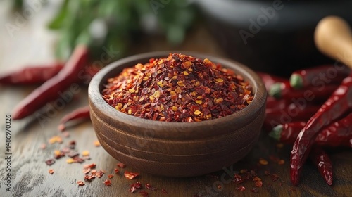 Spicy Red Chili Flakes in Wooden Bowl photo