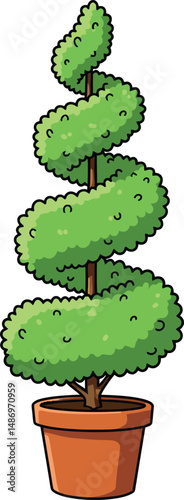 Spiral shaped topiary plant in terracotta pot green garden decoration vector illustration 