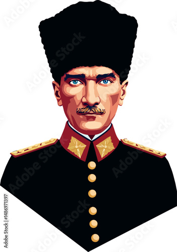 Mustafa Kemal Atatürk Portrait in Military Uniform with Fur Hat Illustration 