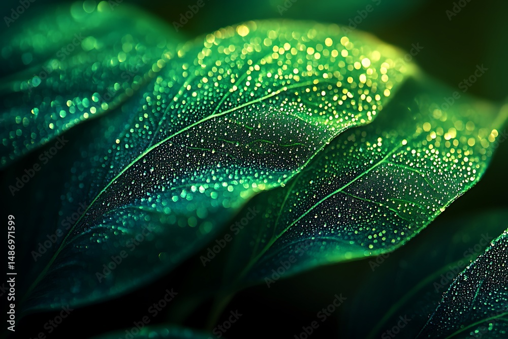 Obraz premium Dew drops shine like tiny jewels across lush green leaves in a dark macro shot