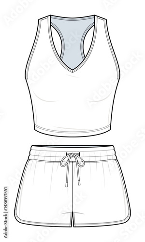 Women’s Lounge Set Technical Fashion Illustration. V-Neck Racerback Crop Top and Drawstring Shorts Vector Template. Coordinated Loungewear Outfit. Front View. Comfortable Fit. White Color. CAD Mockup.