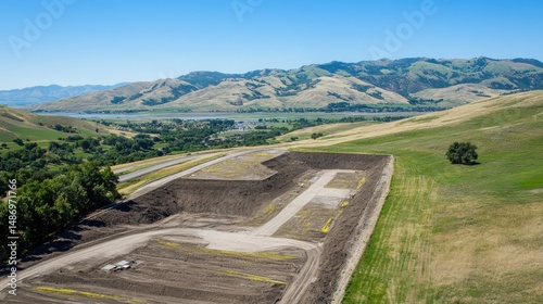 Drone view monitoring earthwork grading and slope consistency on site