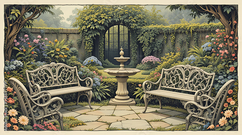 A vintage-style illustration of a garden scene with ornate benches, old-fashioned flowers, and a stone birdbath