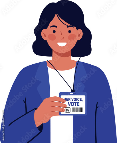Woman holding voter ID card promoting election participation and voting rights awareness vector illustration 