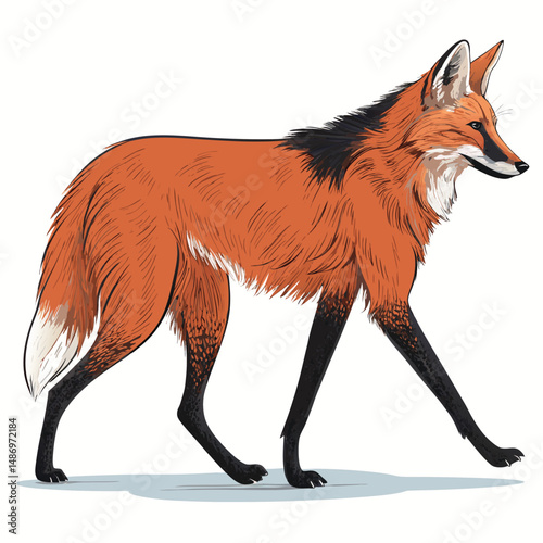 Create a realistic vector illustration of a maned wolf gracefully walking through tall, swaying grass.  Focus on detail in fur and posture.
