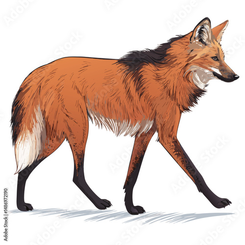 Create a realistic vector illustration of a maned wolf gracefully walking on tall grass, showcasing its distinctive long legs and reddish fur.