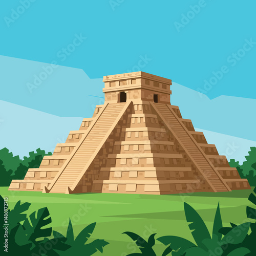 Mayan Pyramid with Staircase and Greenery under Blue Sky Vector Illustration 