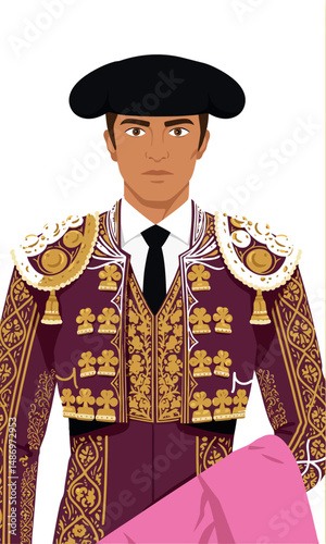 Matador in Traditional Spanish Bullfighting Suit Holding Pink Cape Vector Illustration 