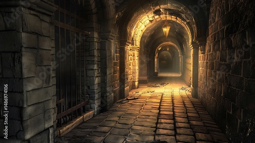 Dark Stone Tunnel Interior with Arches and Light Illuminating the End