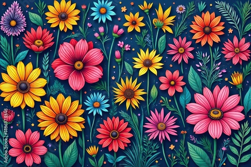Intricate line art wildflowers, vibrant hues; endless repeat , repeat, beauty, foliage