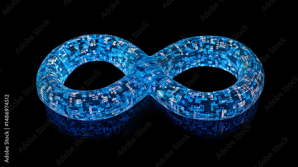 Naklejka premium Digital Infinity Loop with Blue Binary Code on Black Background - Futuristic Technology Concept