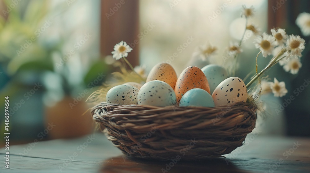 Obraz premium Speckled Easter Eggs Nestled in Rustic Bird's Nest