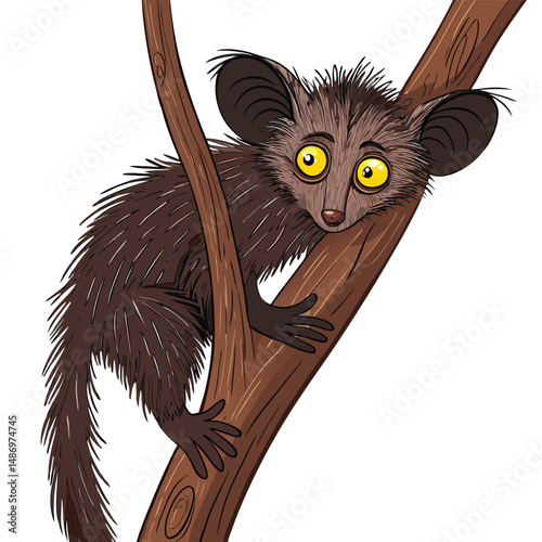 Create a realistic vector illustration of an aye-aye primate clinging to a tree branch, showcasing its unique elongated middle finger.  Include detailed fur texture and realistic tree bark.