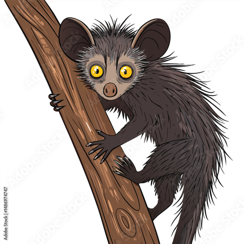 Create a realistic vector illustration of an aye-aye primate clinging to a tree branch, showcasing its unique features and nocturnal habitat.
