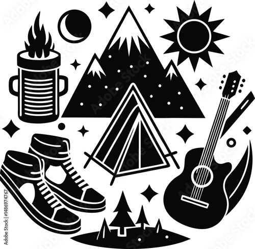 Camping Adventure Mountains, Music, and Nature Exploration silhouette set