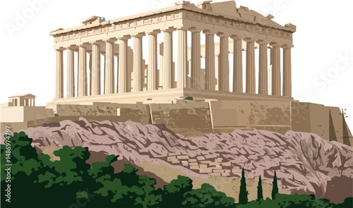 Parthenon ancient Greek temple architecture on hill illustration vector art 