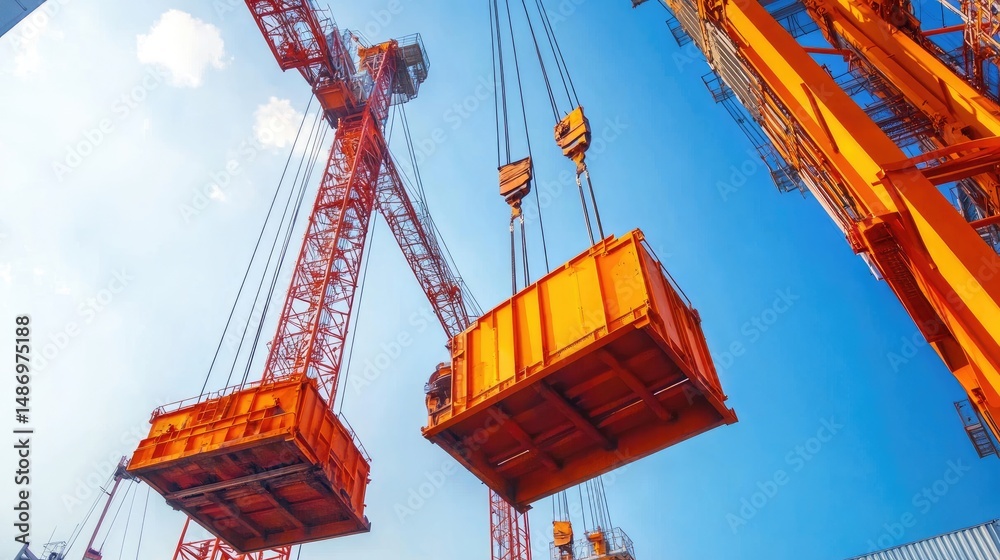 Fototapeta premium Overhead cranes moving excavator frames from one station to another