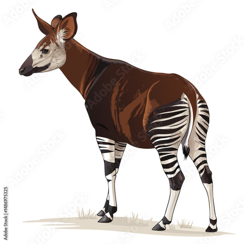 Create a photorealistic vector illustration of a calm, adult okapi standing in a natural forest clearing.  Show its distinctive markings and velvety fur.