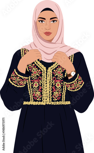 Young Muslim woman wearing traditional embroidered dress and pink hijab vector illustration 