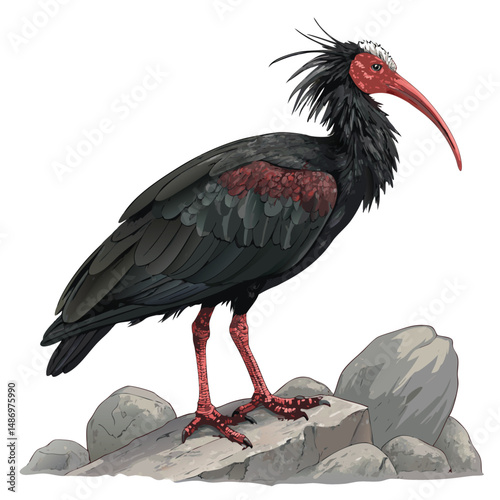 Create a realistic vector illustration of a Northern Bald Ibis standing, showcasing detailed plumage and anatomy.  Include a natural background subtly suggesting its habitat.