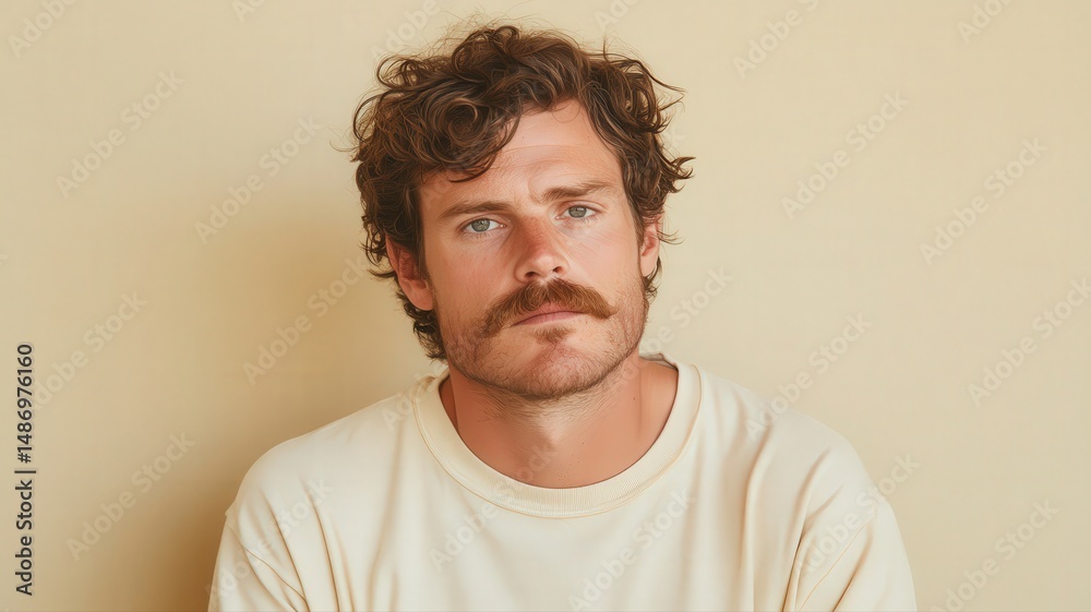 Obraz premium Portrait of a Confident Man with a Bushy Mustache Dressed Casually Against a Neutral Background
