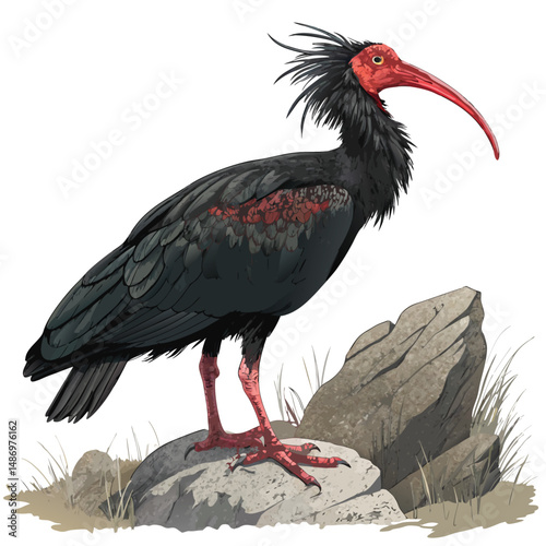 Create a realistic vector illustration of a Northern Bald Ibis standing, showcasing detailed plumage, beak, and leg structure.  Include accurate anatomical features.