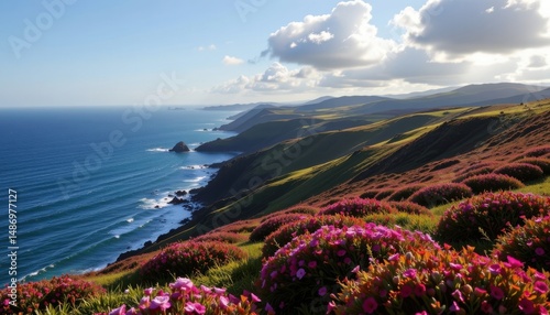 an ocean touching rolling hills covered in sunlit heather, with floating low clouds crossing the sky. peaceful, open, and poetic composition. hyper realistic, clean environment.