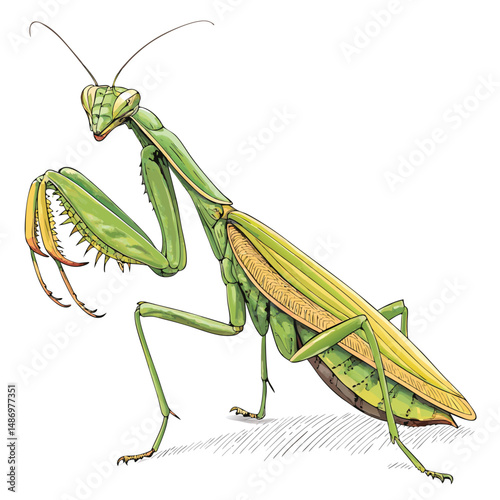 Create a realistic, vivid green praying mantis vector illustration, showcasing intricate detail in its anatomy and texture.  Emphasis on high-resolution quality.