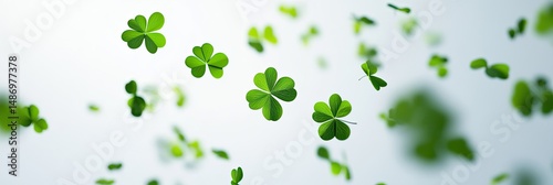 Delicate, vibrant green clover leaves float gently, dispersed against a light background
