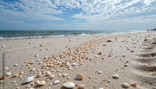 a quiet beach with tiny shells scattered on pale sand, leading into a still ocean under a dome of ripple cloud formations. the shell texture adds tactile detail to the minimalist composition.
