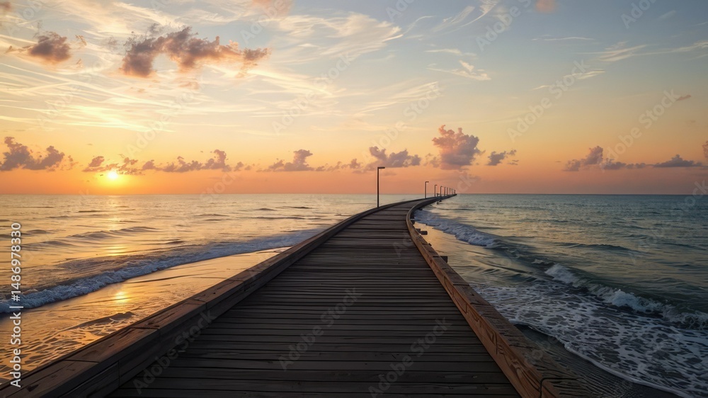 Fototapeta premium Sunset Embraces Boardwalk Shoreline, Tranquil Coastal Scene