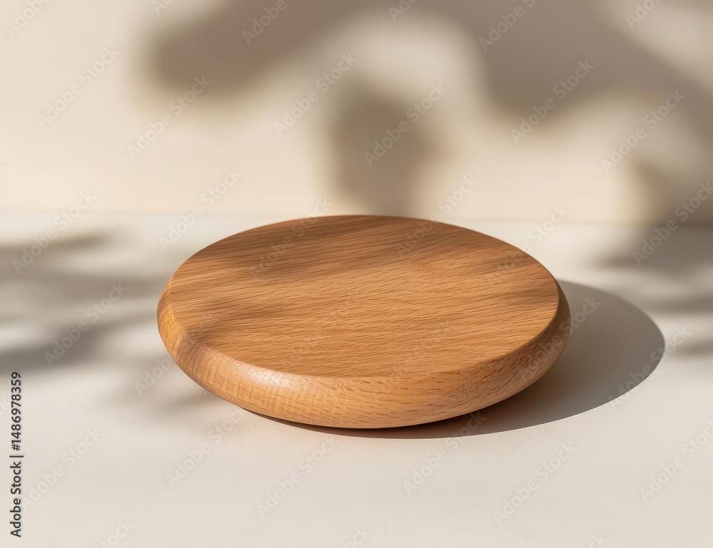 Minimalist round wooden display platform on a light background with leaf shadows Minimalist round wooden display platform on a light background with leaf shadows