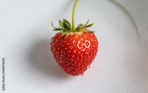 Single Fresh Strawberry on White Background with Water Droplet