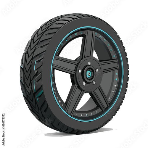 Create a highly realistic vector illustration of a robot wheel featuring a detailed tread pattern and textured mat.  Showcase meticulous detail and accurate shadowing.