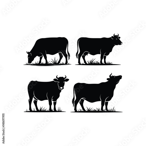 A farm animals collection vector illustration shows a black silhouette of a cow and its calf, common domestic livestock